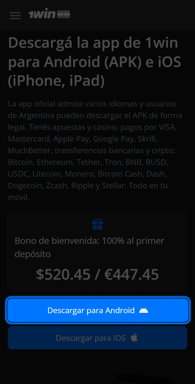 Tocá el botón Descargar en este sitio y descargar 1win APK.