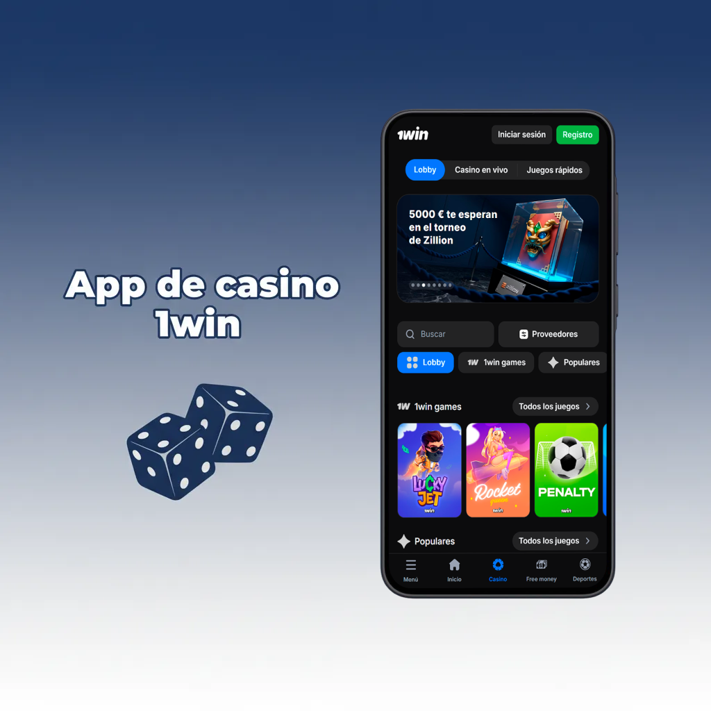 Pantalla de la app 1win: eventos en vivo, deportes/casino, ruleta, blackjack y slots; crupieres 24/7 y bonos.