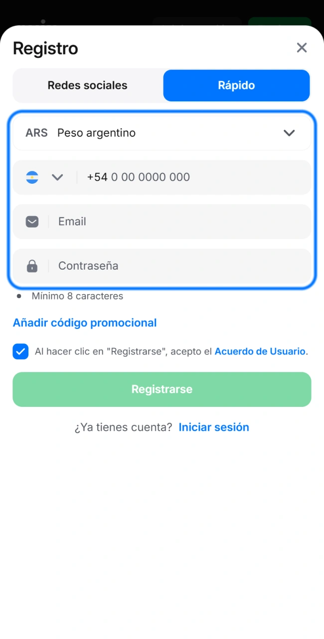 Completá datos personales, número de celular, dirección de correo electrónico y moneda preferida para proteger tu cuenta en la app 1win.