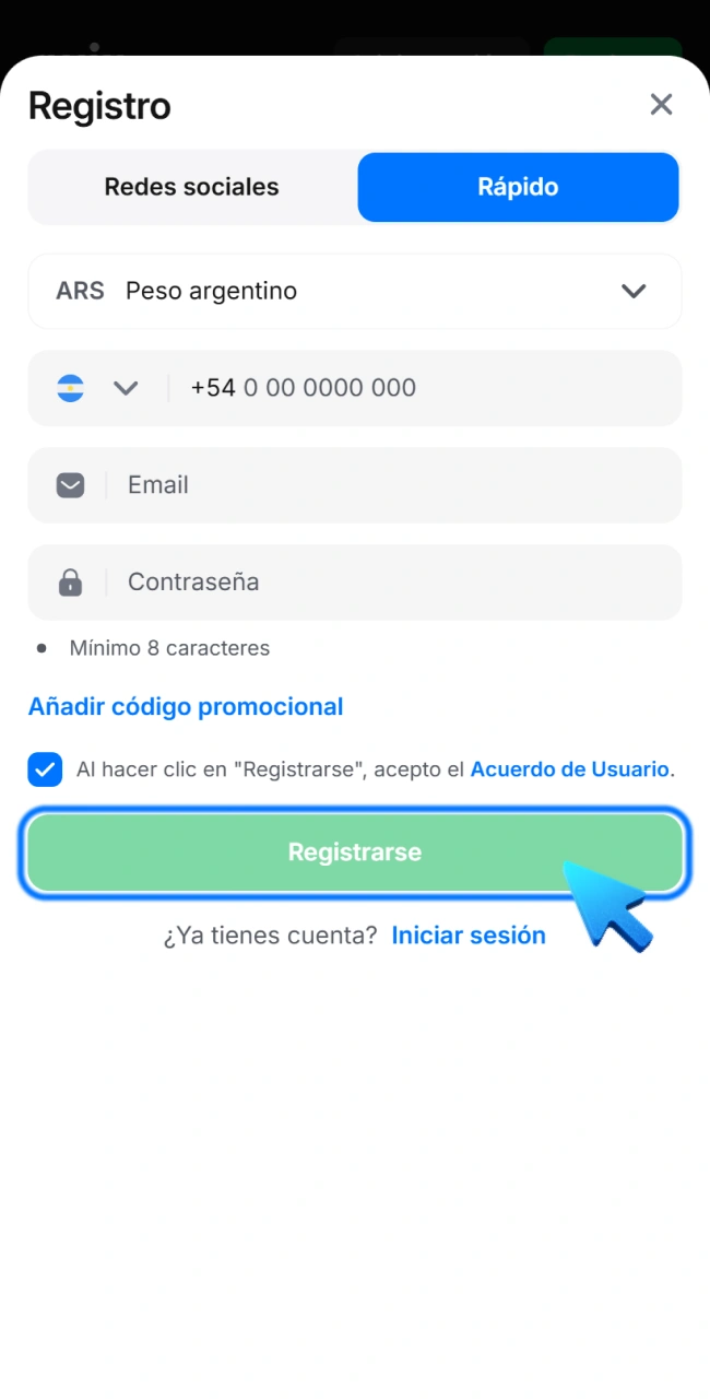 Haz clic en el botón Registrarse para confirmar tu registro y empezar a utilizar la aplicación 1win al máximo.