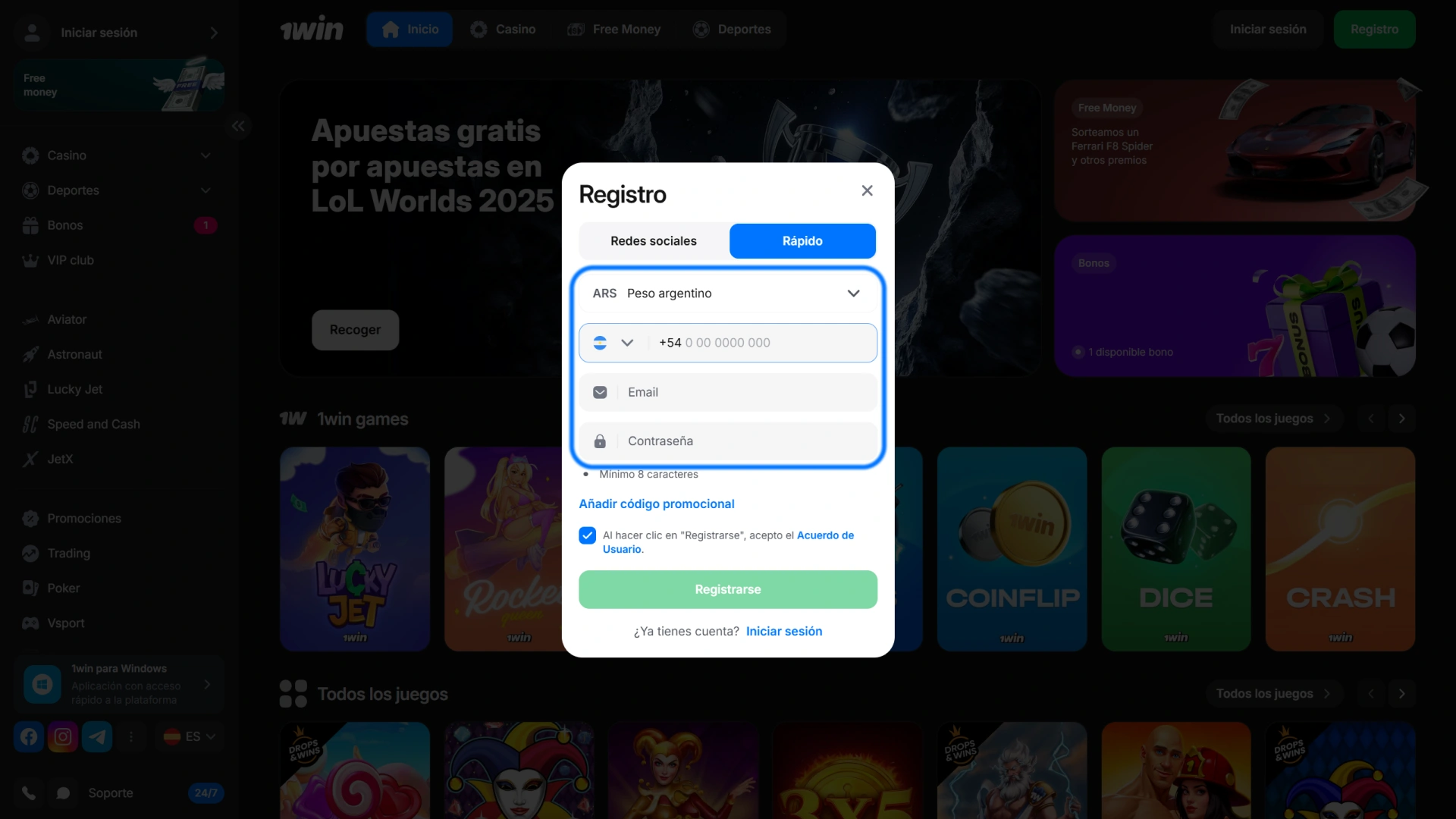 Ingrese su información personal para crear una cuenta en el sitio web de 1win.