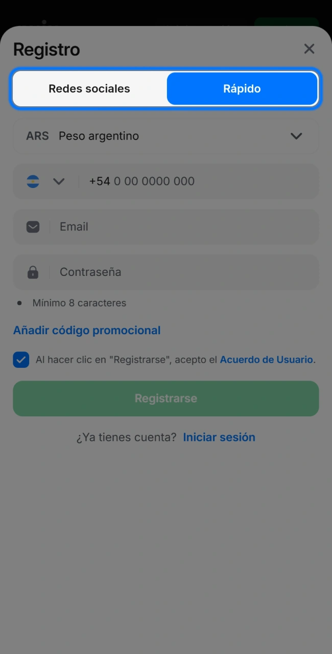 Elija el método de registro que le resulte más conveniente para registrarse fácilmente en la app móvil 1win.
