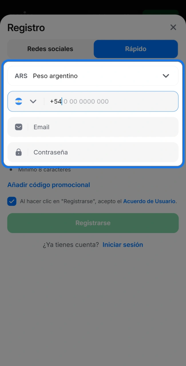 Ingrese sus datos personales y establezca una contraseña segura para proteger tu cuenta en la app móvil 1win.