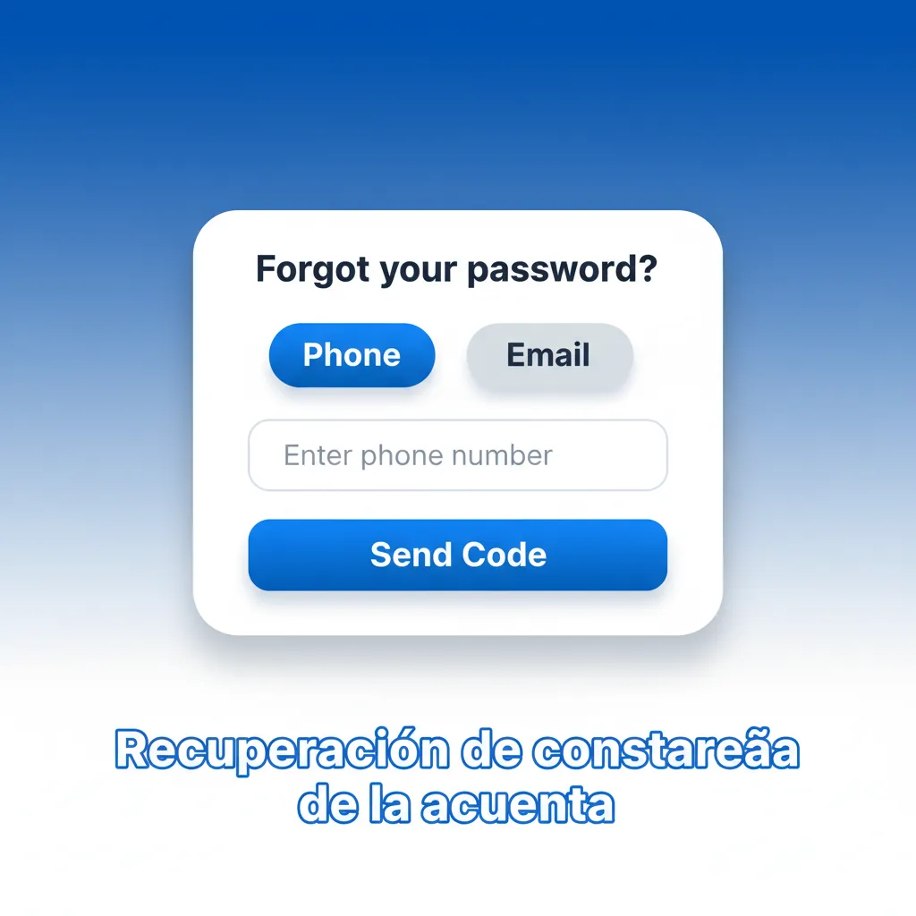 Pantalla de recuperación de contraseña: elegir email/SMS/redes, ingresar código y crear una nueva clave segura.