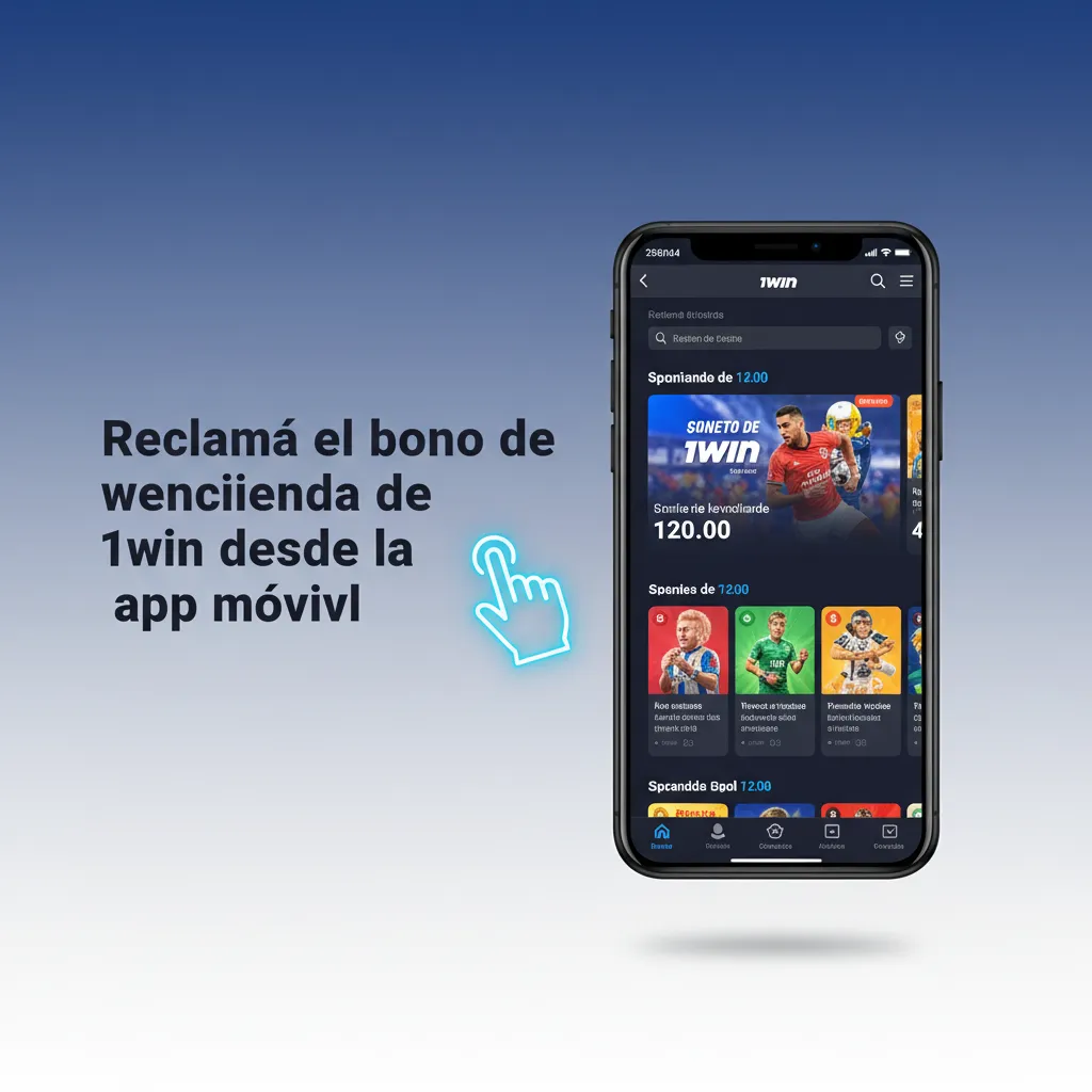 Teléfono mostrando la app de 1win y la sección Promociones para activar el bono de bienvenida 100%.