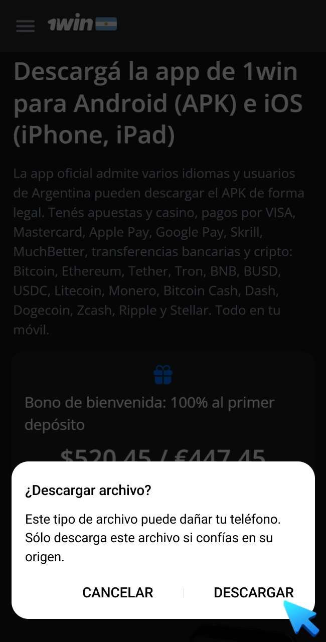 Aceptá la descarga en el pop‑up e instala la app 1win en tu dispositivo.