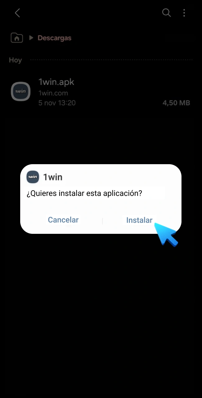 Abrí la carpeta Descargas e instale la app Android de 1win en su teléfono.