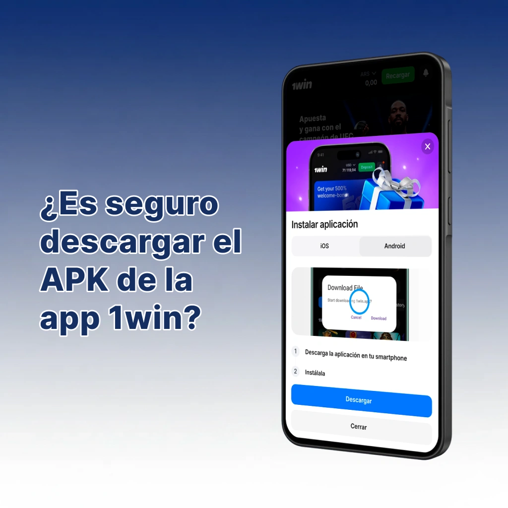 Teléfono con 1win, candado SSL y escudo, resaltando seguridad y descarga solo desde el sitio oficial.