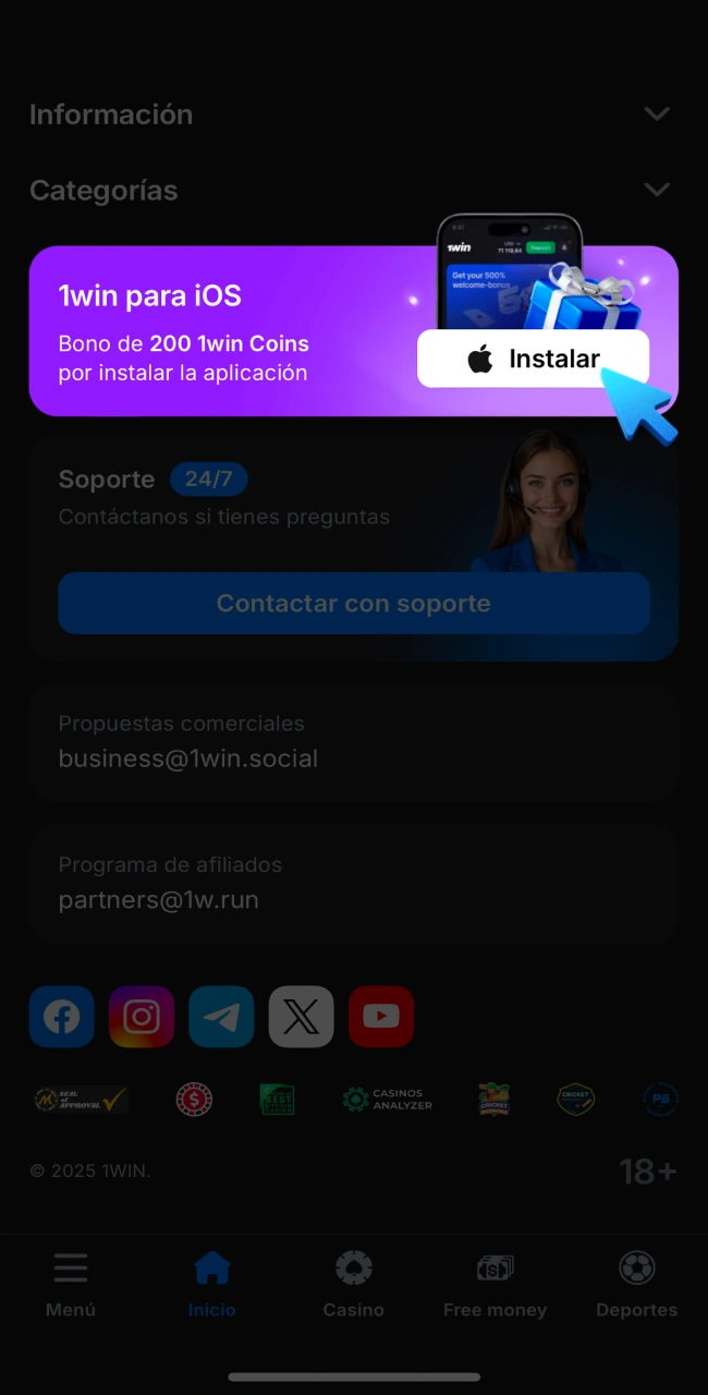 Abre el sitio web de 1win en Safari en tu iPhone.