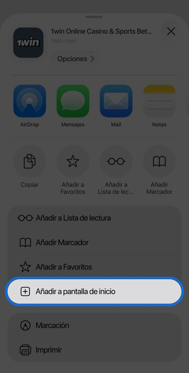 Seleccione Añadir a la pantalla de inicio sitio web de 1win.