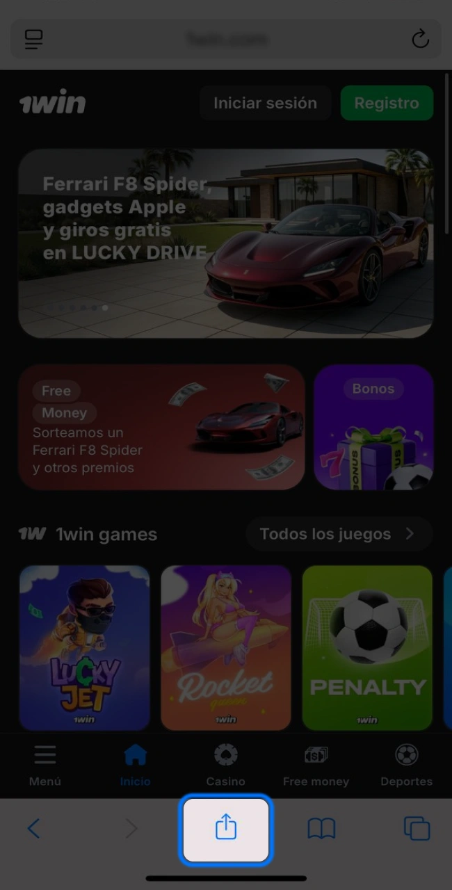 Toca el ícono de Compartir para ir a la configuración y ver el sitio web de 1win en tu teléfono.