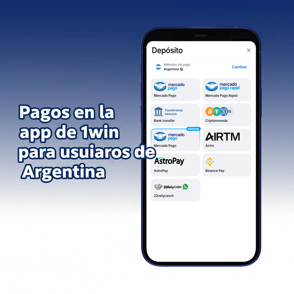 Pagos en la app 1win Argentina: tarjetas, billeteras, transferencias y cripto; depósitos desde $5, retiros en minutos.