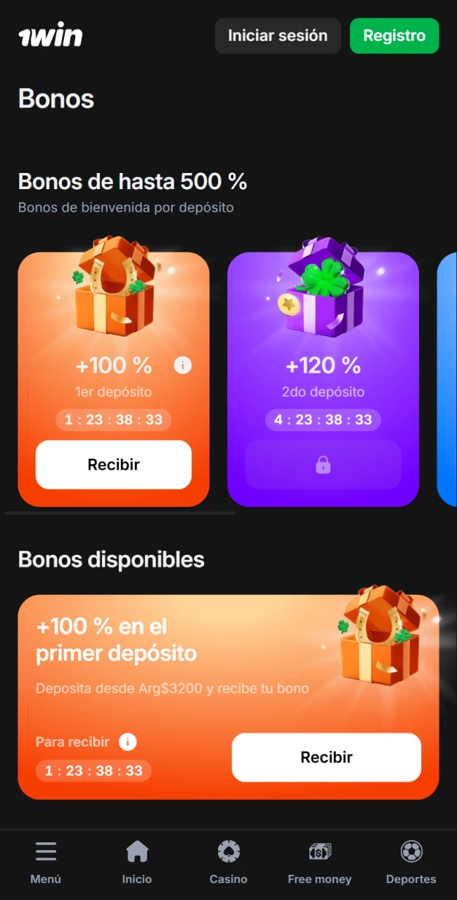 Elige y obtén tus bonificaciones en la aplicación 1win.