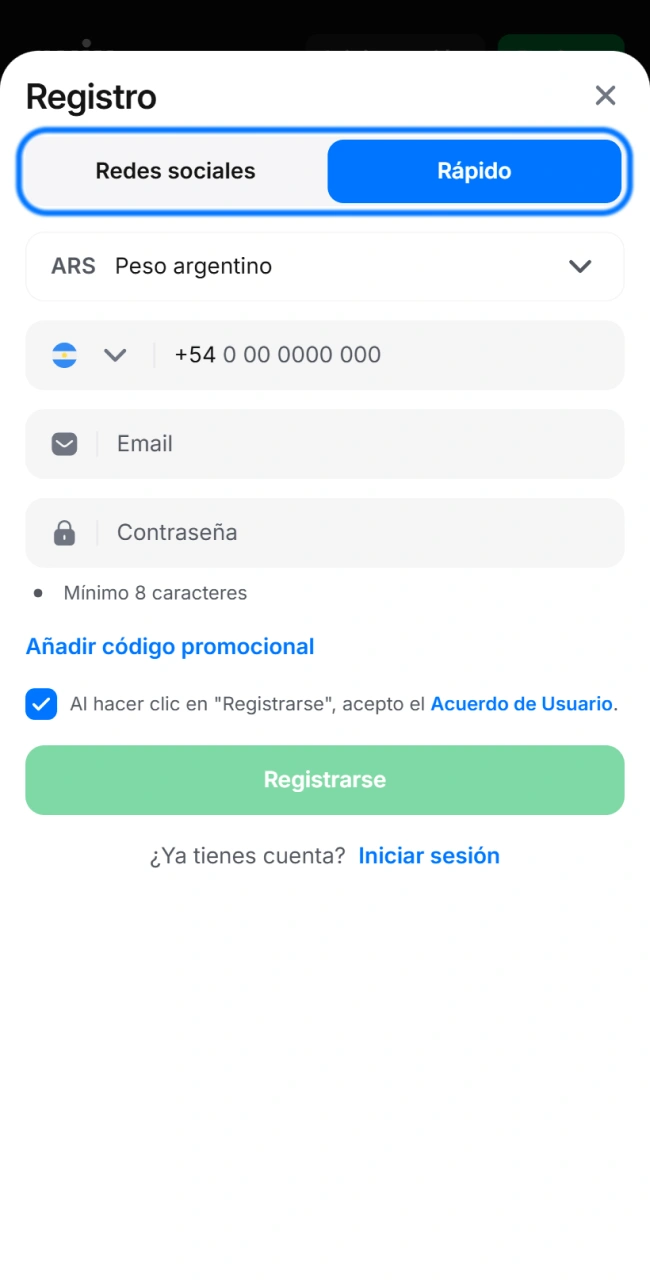 Haga clic en el botón Registro en la app 1win y elija el método de registro que le resulte más conveniente.