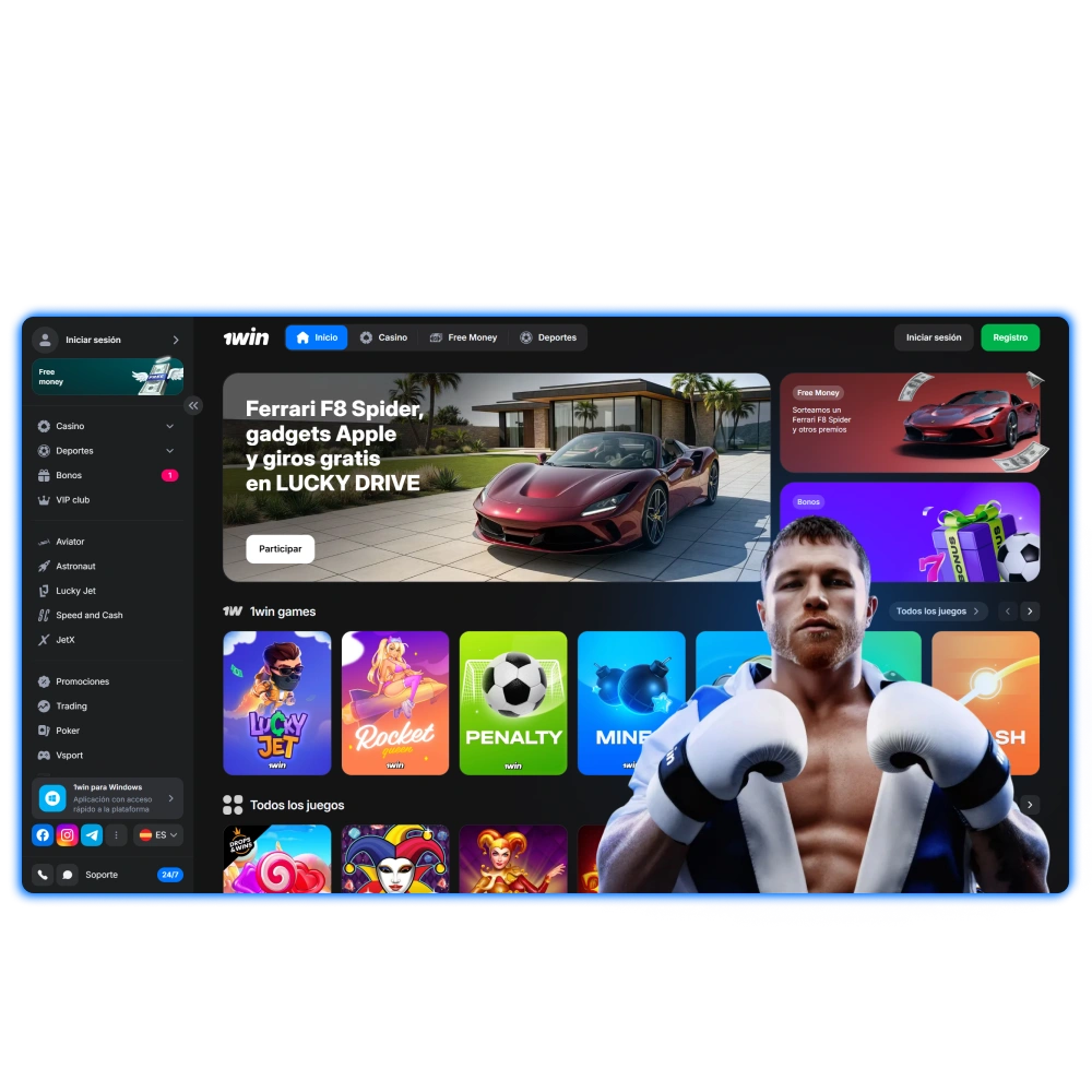 Portada del sitio 1win Argentina: apuestas en vivo y casino, bono +100% primer depósito, pagos Visa, Mastercard y Bitcoin.