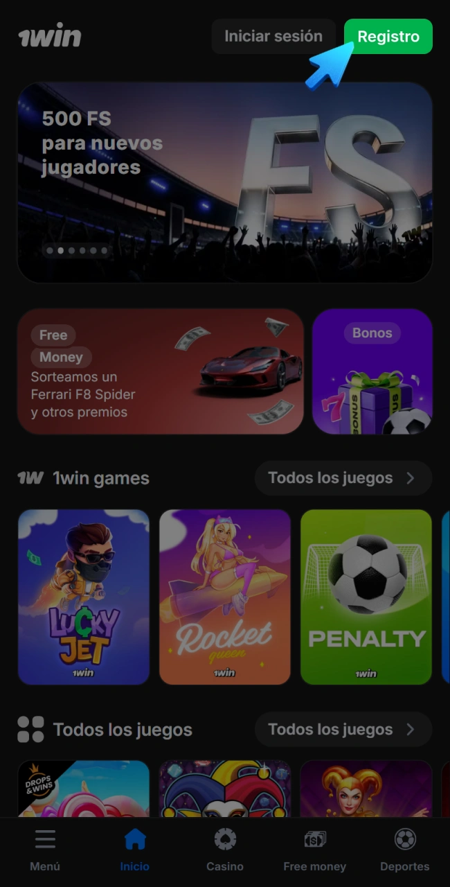 Abrí la app móvil 1win instalada y tocá Crear cuenta.