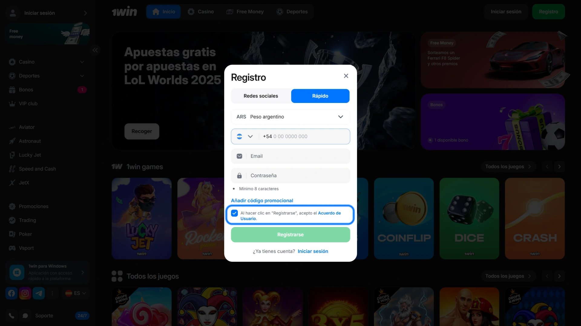 Confirme que acepta el acuerdo de usuario para crear una cuenta en la app 1win.