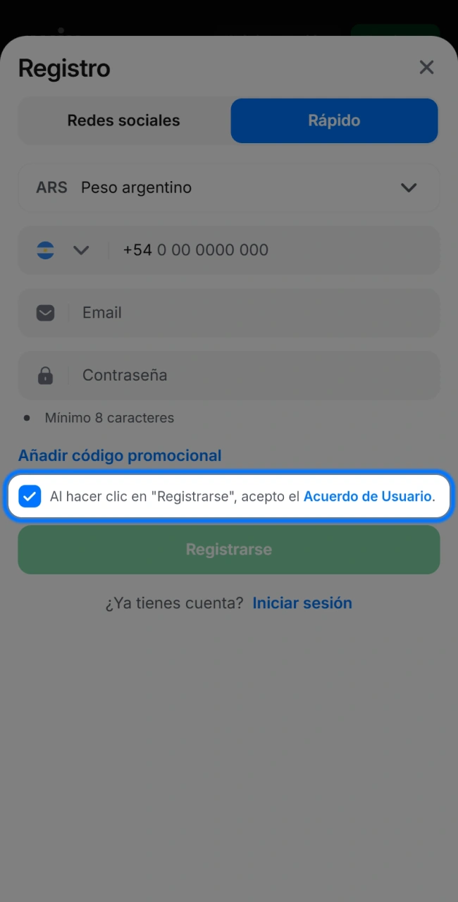 Acepte los Términos y condiciones y la Política de privacidad para crear una cuenta en la app móvil 1win.