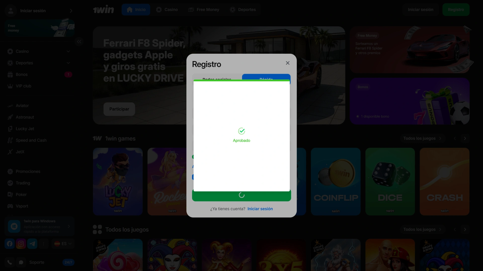 Activa tu cuenta y visita el sitio web de 1win.
