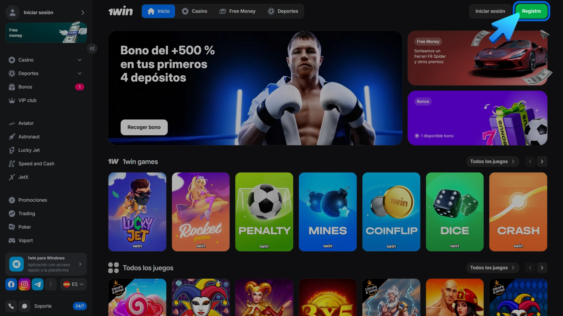 Ve a la página de inicio del sitio web de 1win y haz clic en el botón Registro.